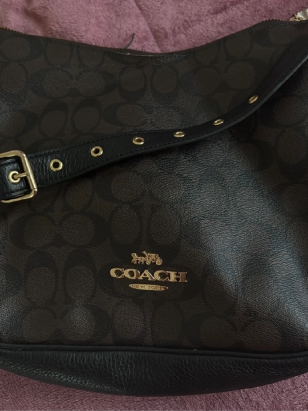 Coach Brown and Black Signature Canvas Shoulder Bag with Gold Hardware